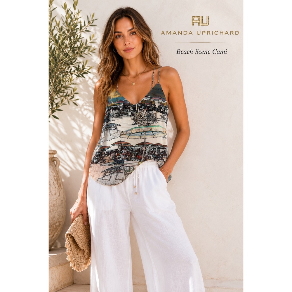 Amanda Uprichard Cami Women M Beach Sunset Graphic 100% Silk Spaghetti Strap - Picture 10 of 10
